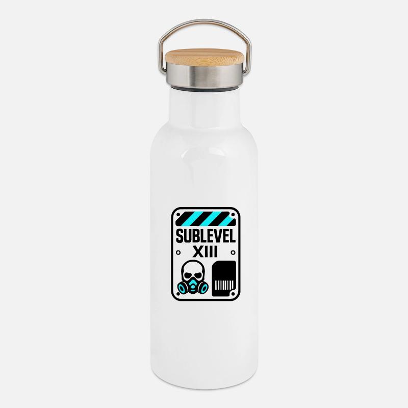 Underground Sublevel 13 - Gas Mask - Thermal Bottle with Bamboo Lid - white