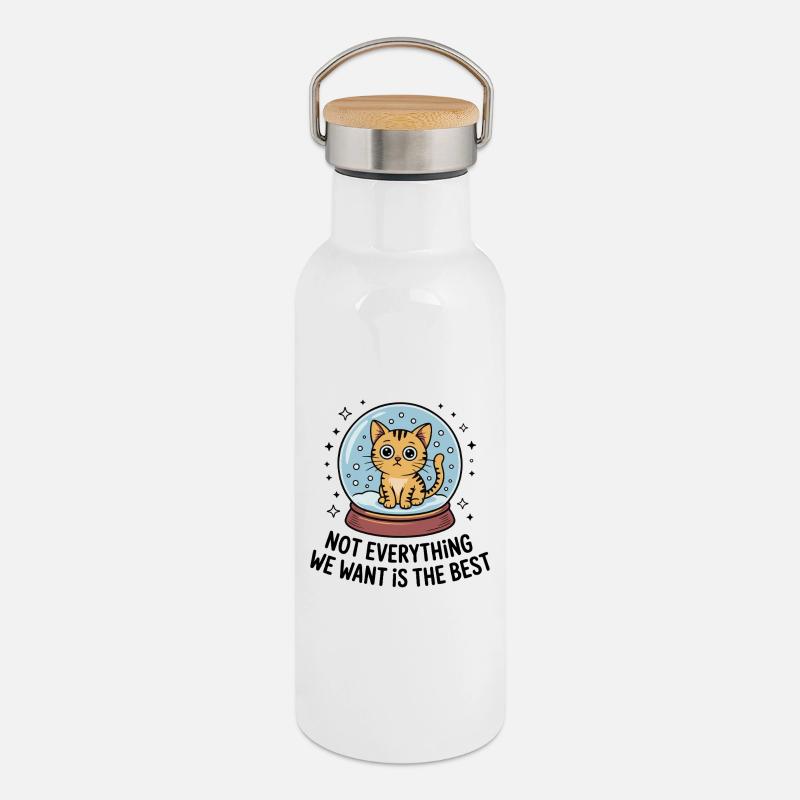 Kawaii Katze Schneekugel - Thermosflasche mit Bambusdeckel - Weiß