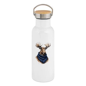 Elch mit blauem Schal - Thermosflasche mit Bambusdeckel - Weiß - Rechts