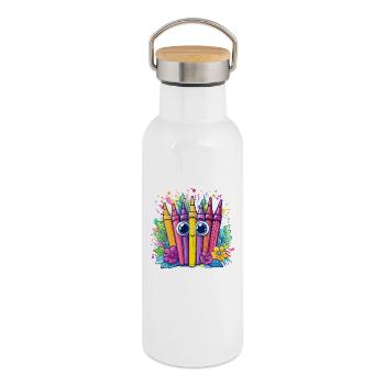 Stylos colorés Couleurs gaies - Gourde isotherme avec bouchon en bambou - blanc - Droite