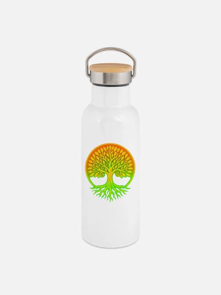 Lebensbaum im Regenbogenkreis - Thermosflasche mit Bambusdeckel - Weiß
