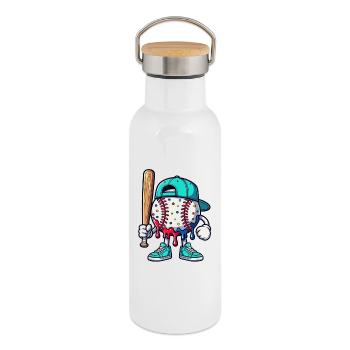 Schmelzendes Baseball-Maskottchen mit Schläger - Thermosflasche mit Bambusdeckel - Weiß - Rechts