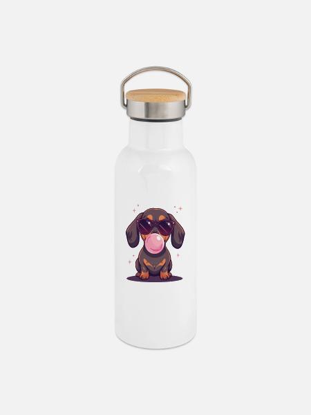 Dackel mit Sonnenbrille und Kaugummi - Thermosflasche mit Bambusdeckel - Weiß