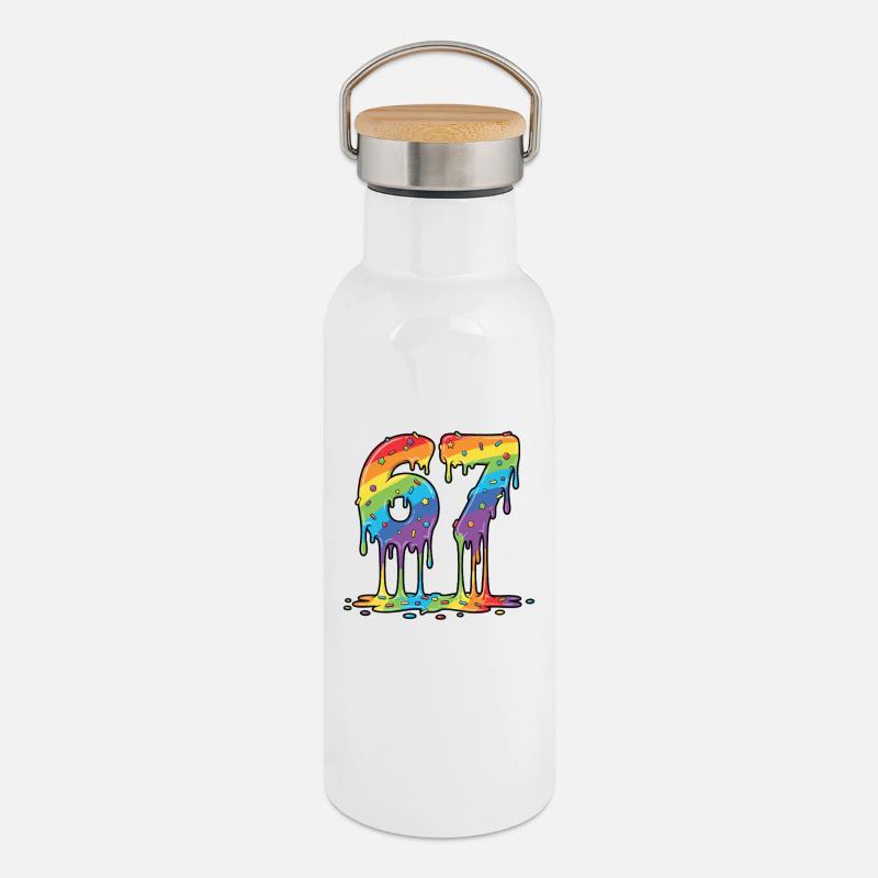 Rainbow 67 Meme Celebration - Thermal Bottle with Bamboo Lid - white