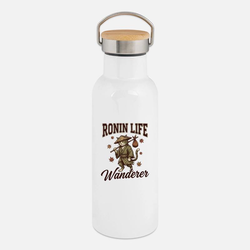 Ronin Life Wanderer Chat Samouraï Japonais Ukiyo-e - Gourde isotherme avec bouchon en bambou - blanc