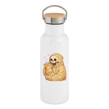 Cozy Skeleton with Cat – Gentle Closeness - Thermal Bottle with Bamboo Lid - white - Right
