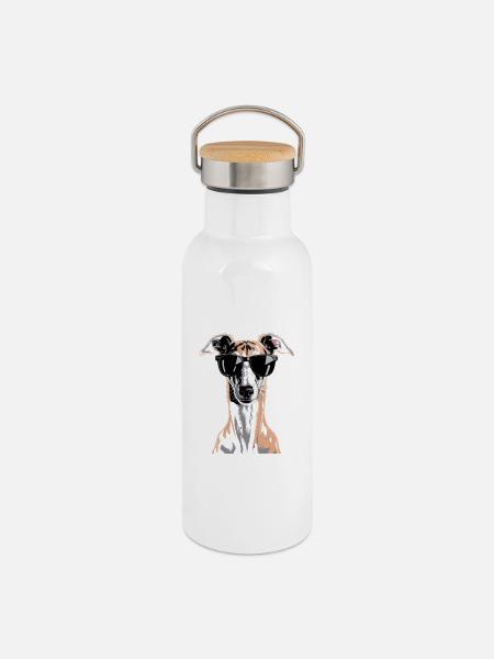 Greyhound Windhund - Thermosflasche mit Bambusdeckel - Weiß