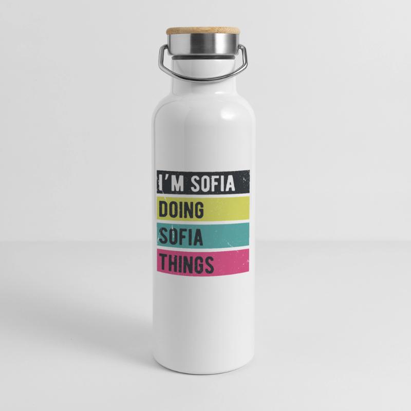 Ich bin Sofia und mache Sofia-Dinge in Retro-Farben Thermosflasche mit Bambusdeckel