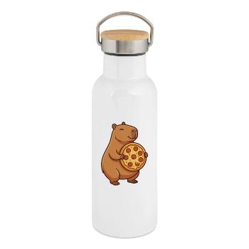 Capybara avec pizza - Gourde isotherme avec bouchon en bambou - blanc - Droite