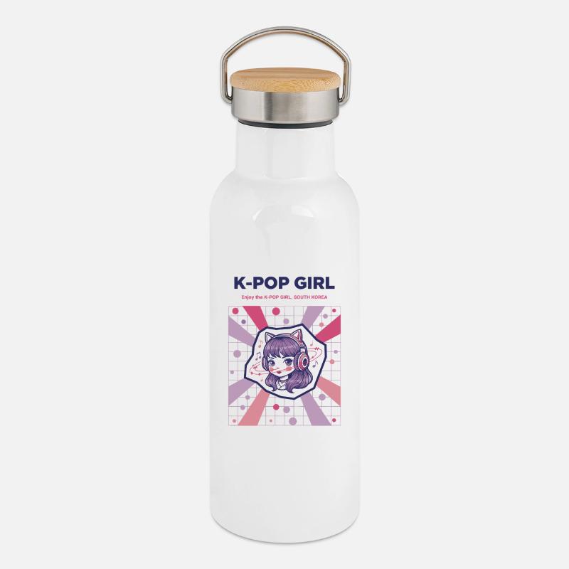 Fille K-Pop Profite de la Fille K-Pop Corée du Sud Coréenne - Gourde isotherme avec bouchon en bambou - blanc