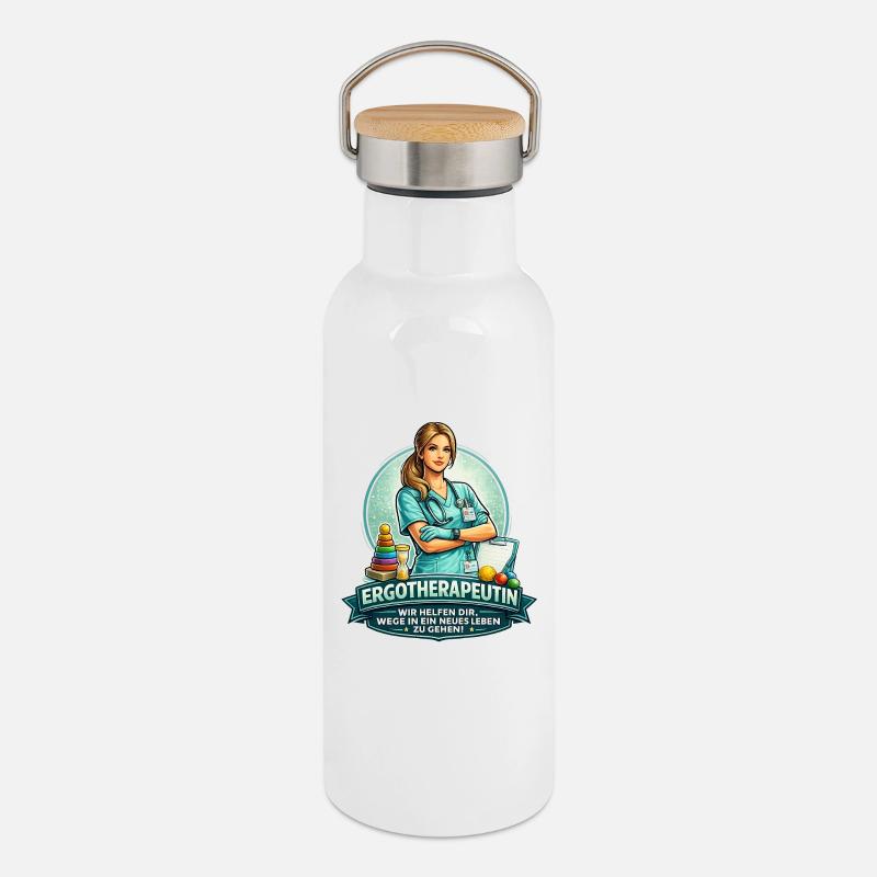 Conception d’autocollants pour ergothérapeute - Gourde isotherme avec bouchon en bambou - blanc