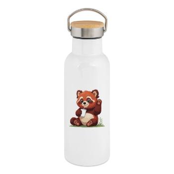 Panda rouge à la paille - Gourde isotherme avec bouchon en bambou - blanc - Droite