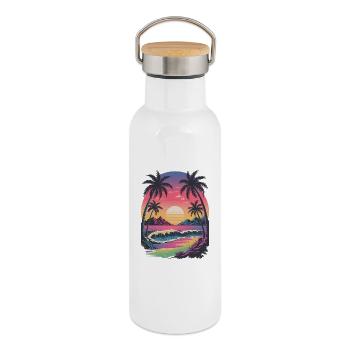 Plage Retro Tropicale Sunset Surfer - Gourde isotherme avec bouchon en bambou - blanc - Droite