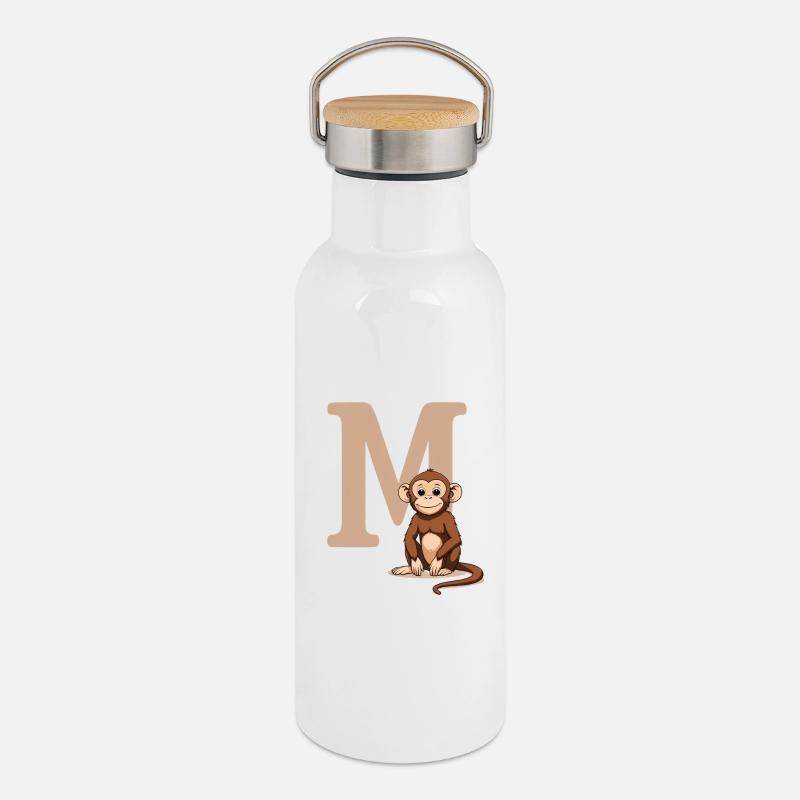 Conception MonkeyM avec la lettre majuscule M - Gourde isotherme avec bouchon en bambou - blanc