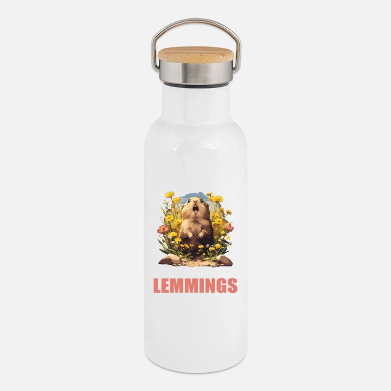 Lemminge Lemming - Thermosflasche mit Bambusdeckel - Weiß