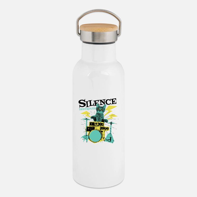 Cat Drummer - Thermal Bottle with Bamboo Lid - white
