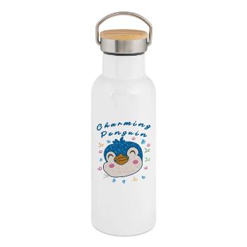 Kawaii niedlicher lustiger Pinguin Kinder - Thermosflasche mit Bambusdeckel - Weiß - Rechts