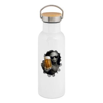 Alien Drinking Beer Looking Out Of Shirt - Thermal Bottle with Bamboo Lid - white - Right