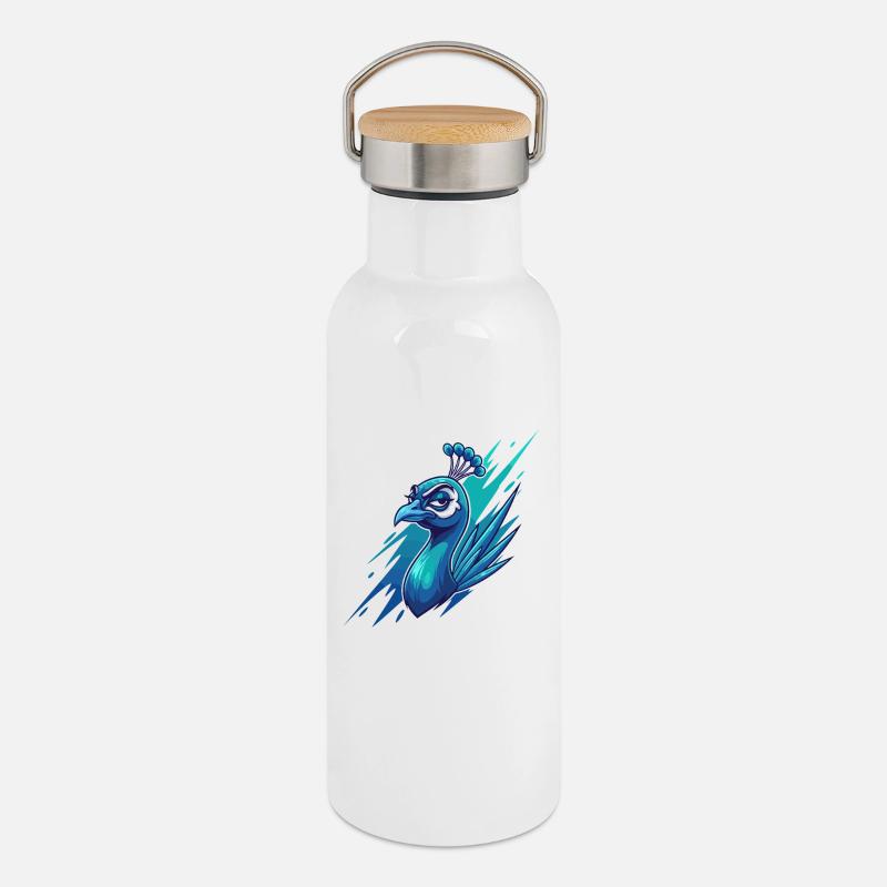 Neonblauer Pfauenkopf - Thermosflasche mit Bambusdeckel - Weiß