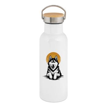 Hundehusky, sibirischer Retro-Sonnen-Hundeporträt - Thermosflasche mit Bambusdeckel - Weiß - Rechts