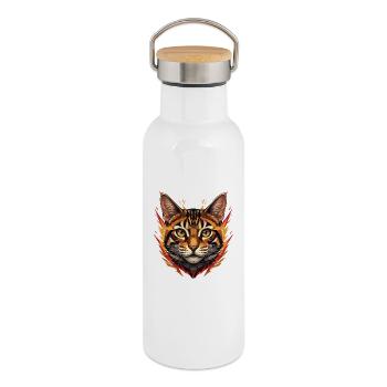 Tête de Chat Flamme avec accents de feu - Gourde isotherme avec bouchon en bambou - blanc - Droite