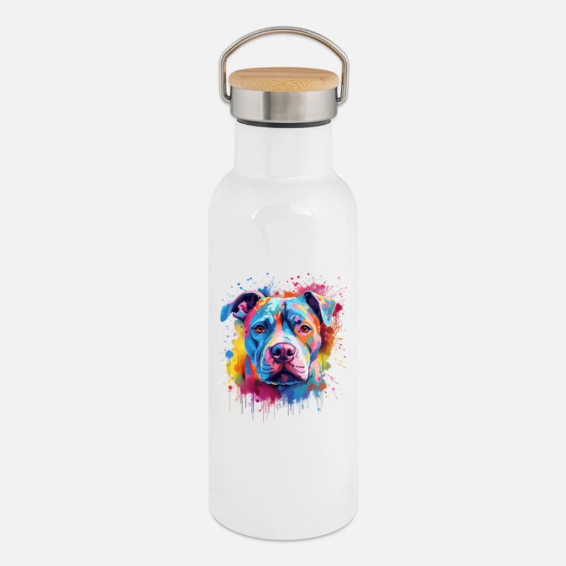 Bunter Pitbull Splash Art Hund - Thermosflasche mit Bambusdeckel - Weiß