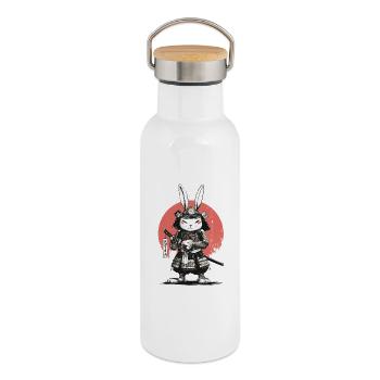 Samurai Rabbit in Armor with Katana - Thermal Bottle with Bamboo Lid - white - Right