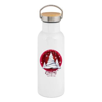 Balle de Noël rouge avec sapins blancs - Gourde isotherme avec bouchon en bambou - blanc - Droite