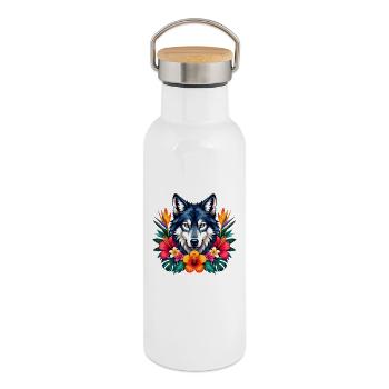 Wolfskopf mit Tropenblumen - Thermosflasche mit Bambusdeckel - Weiß - Rechts