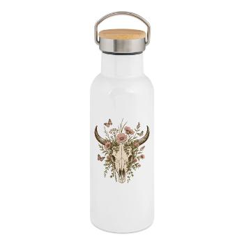 Floral Longhorn Skull - Thermal Bottle with Bamboo Lid - white - Right