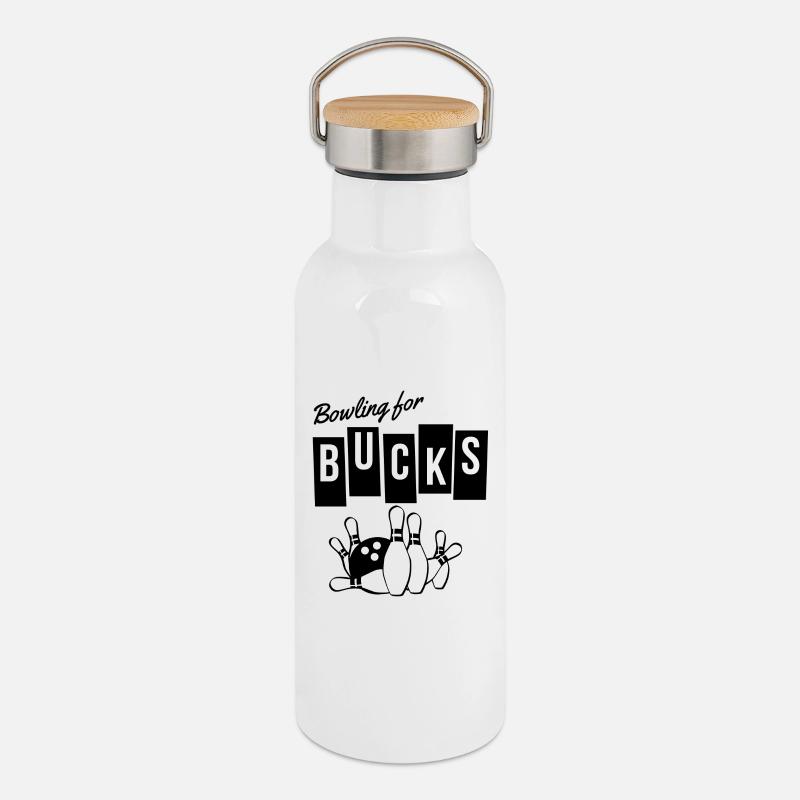 bowling, strike, jouer au bowling - Gourde isotherme avec bouchon en bambou - blanc