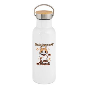 Chat kawaii provocateur - Gourde isotherme avec bouchon en bambou - blanc - Droite