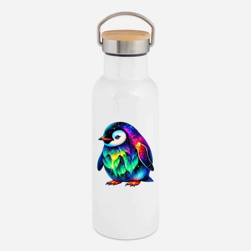 Aurora Borealis Penguin - Thermal Bottle with Bamboo Lid - white