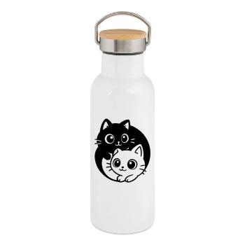 Ying Yang Kawaii Katzen Symbol - Thermosflasche mit Bambusdeckel - Weiß - Rechts