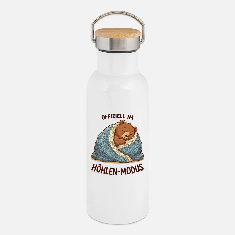 Kuschelbär im Höhlenmodus - Thermosflasche mit Bambusdeckel - Weiß