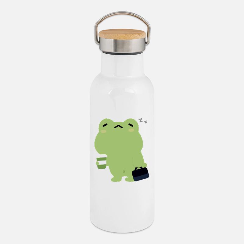 Tired Frog with Coffee and Briefcase - Thermal Bottle with Bamboo Lid - white