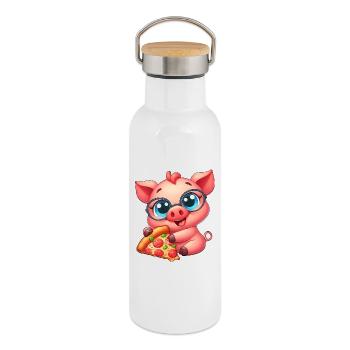 Nerd Pig Cartoon Pizza Pizza Lover - Thermal Bottle with Bamboo Lid - white - Right