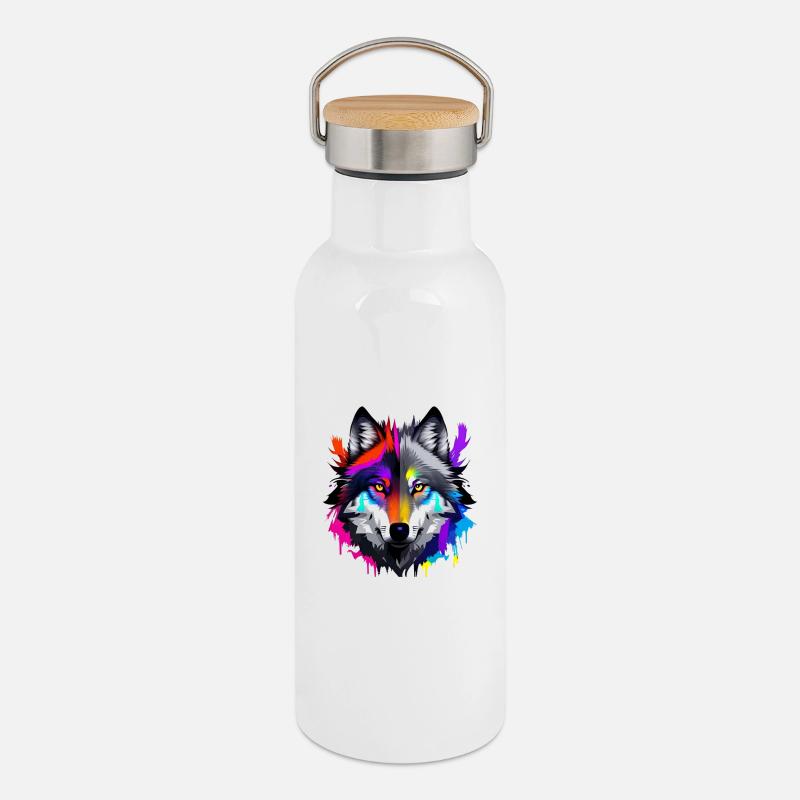 Bunter Wolfkopf Farbwelten - Thermosflasche mit Bambusdeckel - Weiß