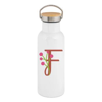Elegant letter 'F' with flowers - Thermal Bottle with Bamboo Lid - white - Right