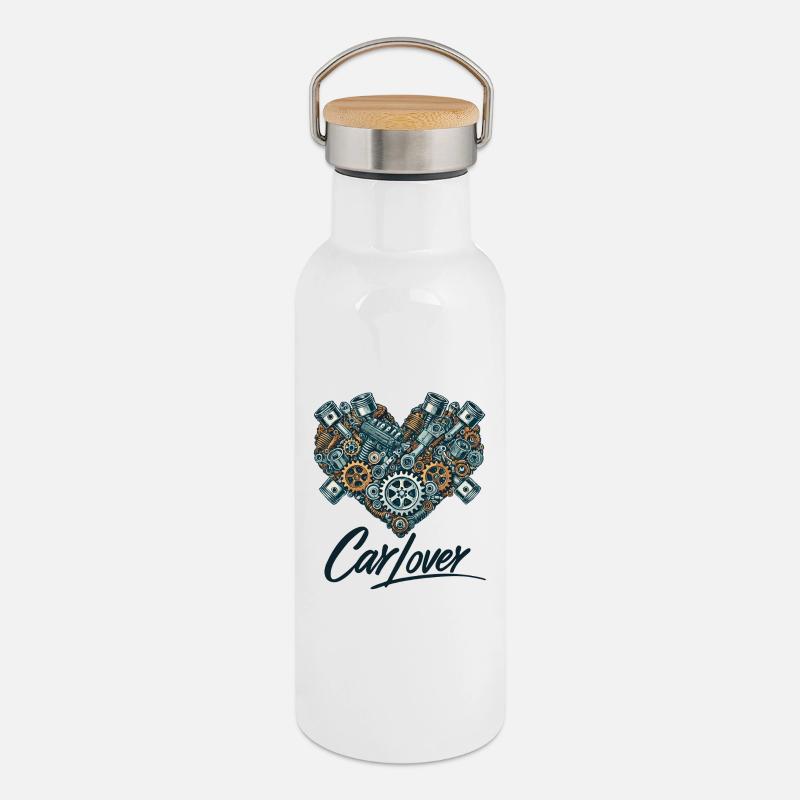 Car Lover Heart - Thermosflasche mit Bambusdeckel - Weiß