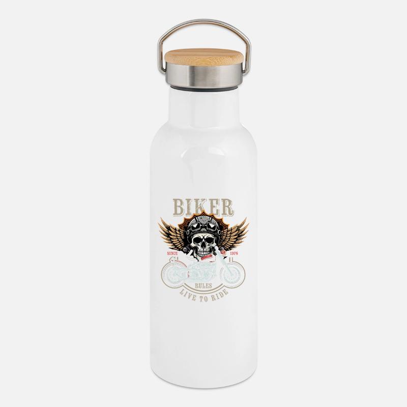 Biker Rules - Since 1976 - Live to Ride - Thermal Bottle with Bamboo Lid - white