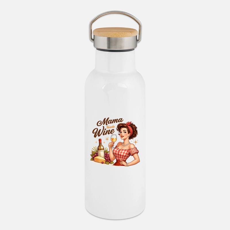 Mama Braucht Wein. Mama needs Wine - Thermosflasche mit Bambusdeckel - Weiß