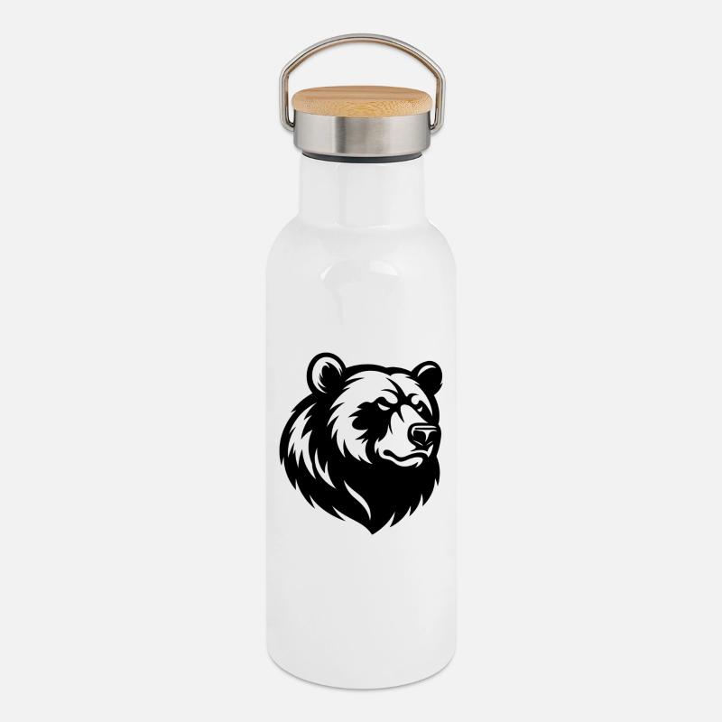 Tête d’ours en colère - Gourde isotherme avec bouchon en bambou - blanc