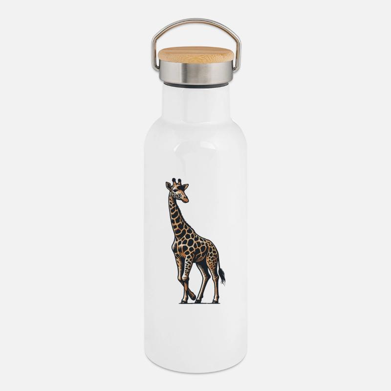Giraffe - Thermosflasche mit Bambusdeckel - Weiß