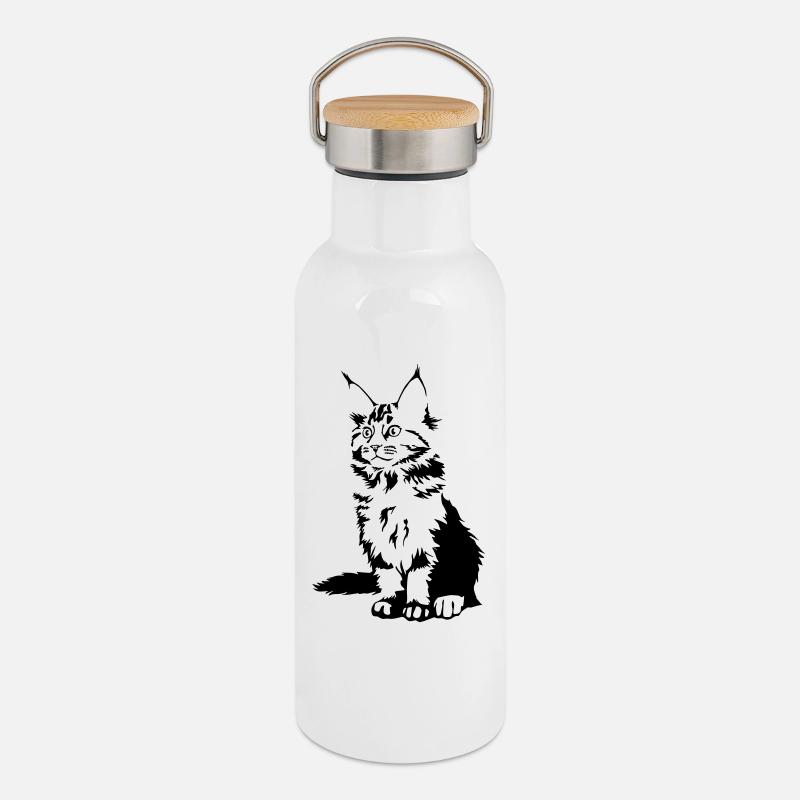 Maine Coon Cat - Thermal Bottle with Bamboo Lid - white