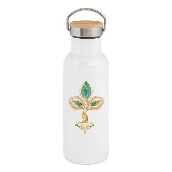 Arbre de couleur dorée avec ornement de feuille orientale - Gourde isotherme avec bouchon en bambou - blanc - Droite