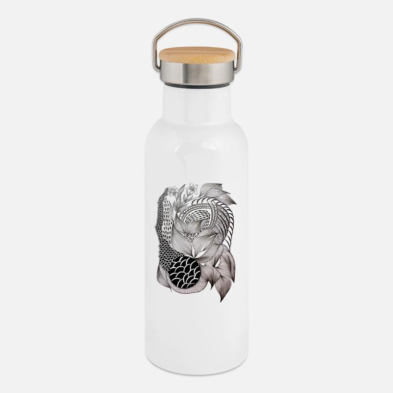 Black and White Leaf Snake Pattern - Thermal Bottle with Bamboo Lid - white
