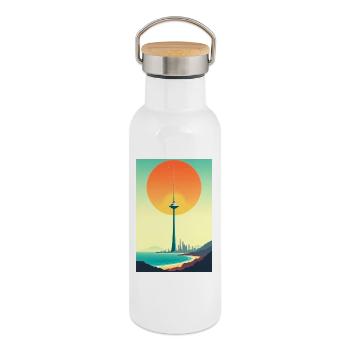 Tour du coucher au-dessus de la ville côtière - Gourde isotherme avec bouchon en bambou - blanc - Droite