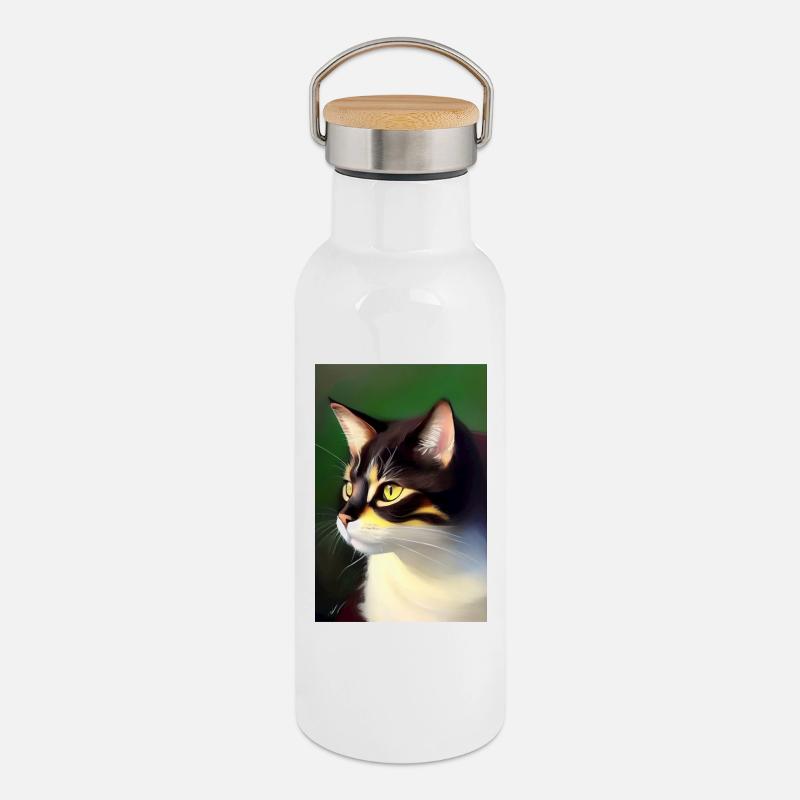 Cat Image - Thermal Bottle with Bamboo Lid - white