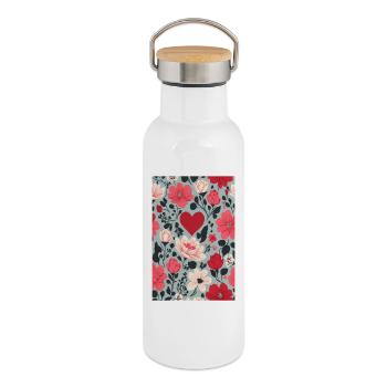 Herzen und Blumen Muster - Thermosflasche mit Bambusdeckel - Weiß - Rechts